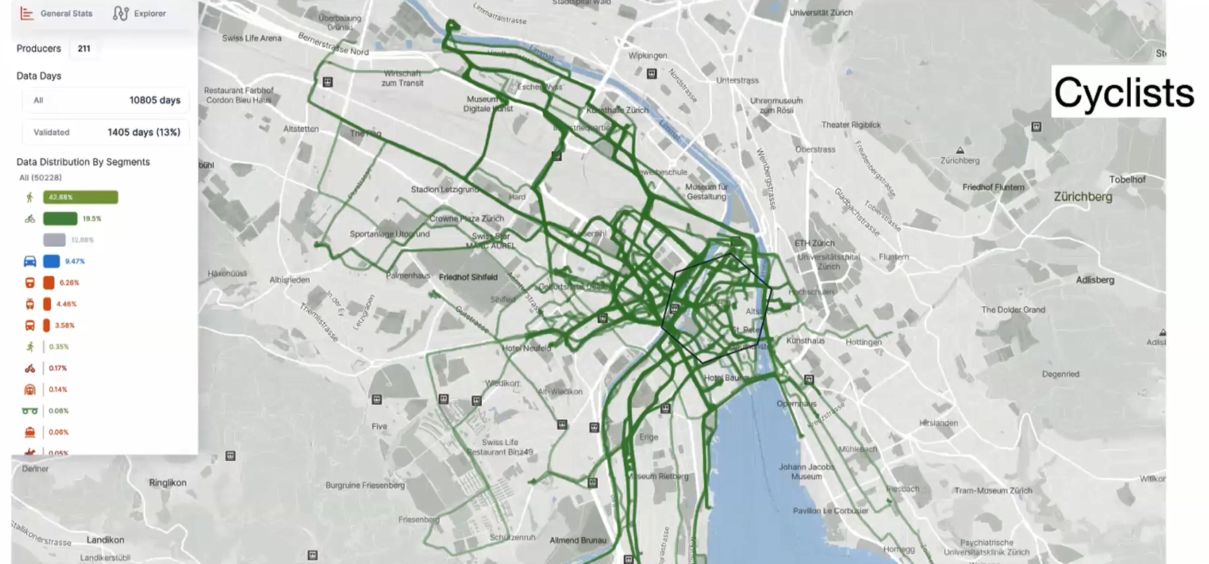 A map of Swiss city Zurich showing the mobility patterns of cyclists in the city