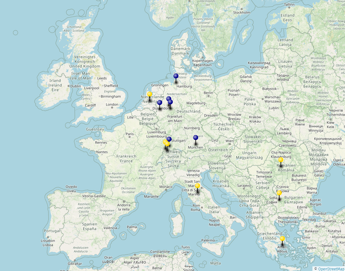 Eine Karte Europas mit Markierungen auf den Mitgliedsstädten des Programms #vernetztinEuropa.