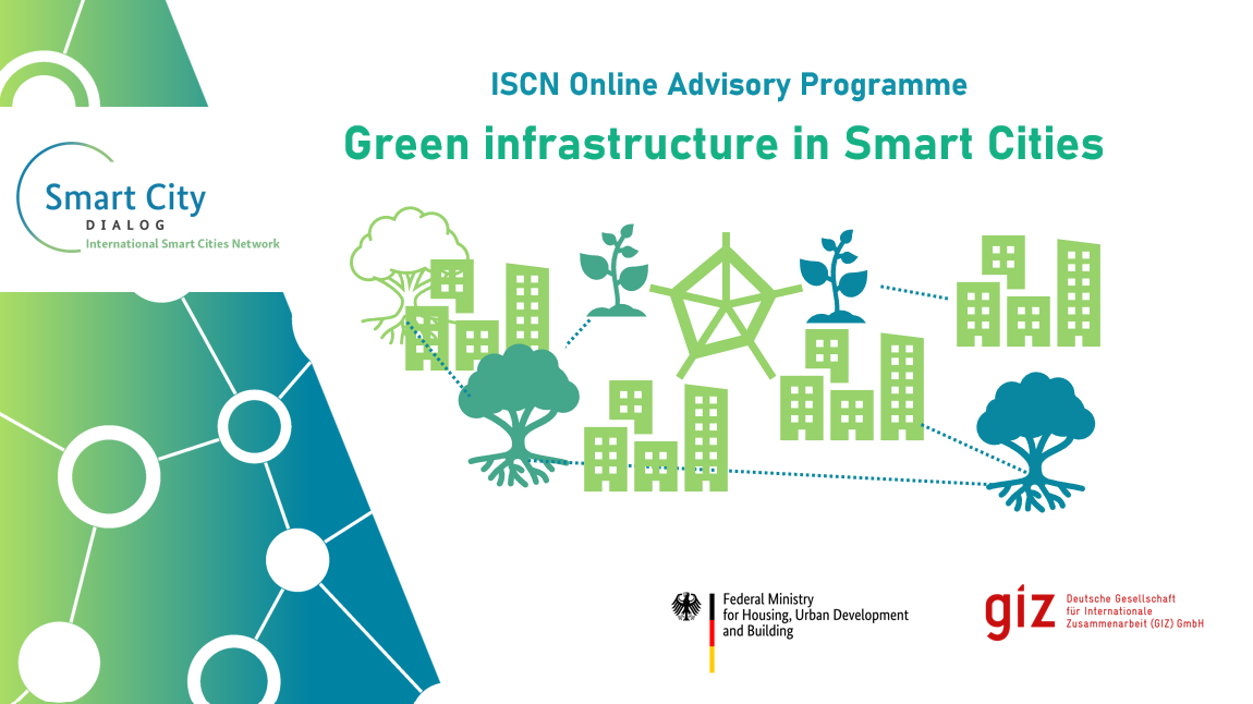 Cover slide of the Online Advisory Programme #15 on Green infrastructure in smart cities. It features icons of trees and urban buildings that are connected by lines.